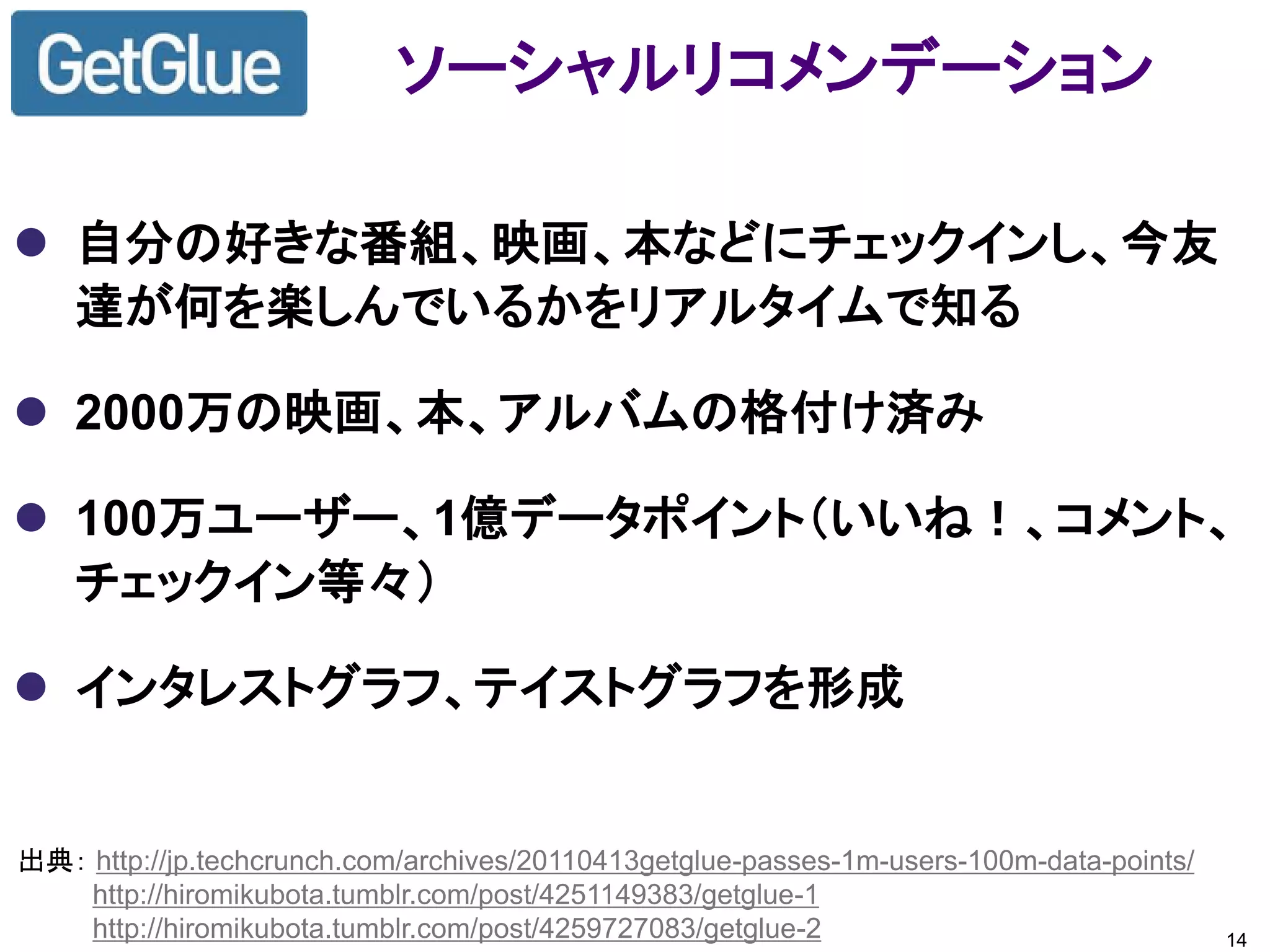 ソーシャルリコメンデーション

 自分の好きな番組、映画、本などにチェックインし、今友
  達が何を楽しんでいるかをリアルタイムで知る

 2000万の映画、本、アルバムの格付け済み

 100万ユーザー、1億データポイント（いいね！、コメント、
  チェックイン等々）

 インタレストグラフ、テイストグラフを形成


出典： http://jp.techcrunch.com/archives/20110413getglue-passes-1m-users-100m-data-points/
    http://hiromikubota.tumblr.com/post/4251149383/getglue-1
    http://hiromikubota.tumblr.com/post/4259727083/getglue-2                              14
 