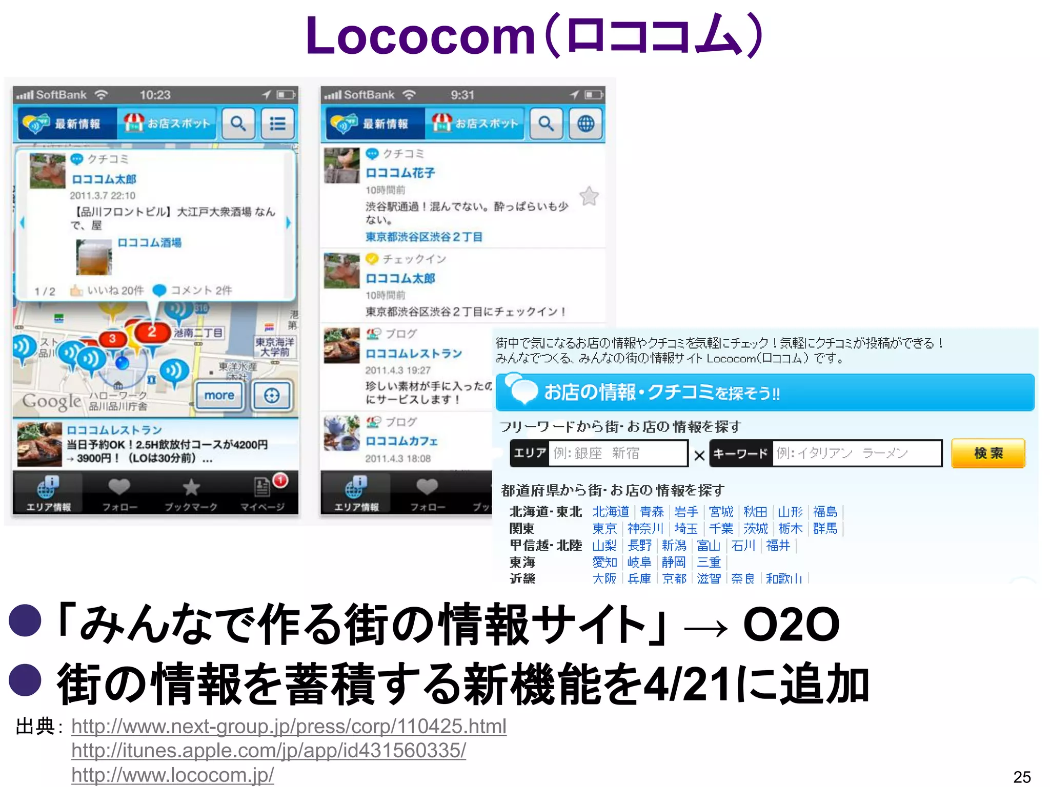 Lococom（ロココム）




 「みんなで作る街の情報サイト」 → O2O
 街の情報を蓄積する新機能を4/21に追加
出典： http://www.next-group.jp/press/corp/110425.html
    http://itunes.apple.com/jp/app/id431560335/
    http://www.lococom.jp/                            25
 