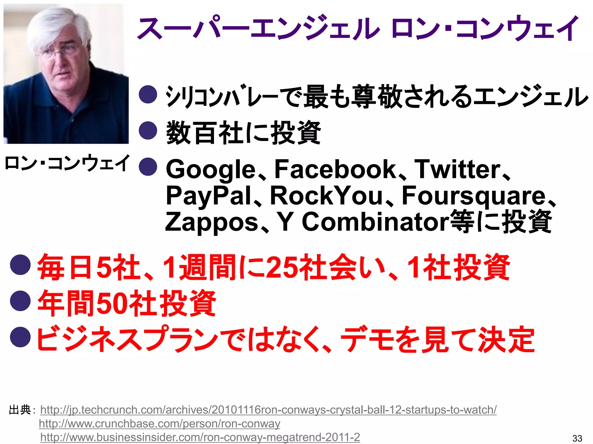 スーパーエンジェル ロン・コンウェイ

          ｼﾘｺﾝﾊﾞﾚｰで最も尊敬されるエンジェル
          数百社に投資
ロン・コンウェイ  Google、Facebook、Twitter、
                             PayPal、RockYou、Foursquare、
                             Zappos、Y Combinator等に投資
 毎日5社、1週間に25社会い、1社投資
 年間50社投資
 ビジネスプランではなく、デモを見て決定
出典： http://jp.techcrunch.com/archives/20101116ron-conways-crystal-ball-12-startups-to-watch/
    http://www.crunchbase.com/person/ron-conway
    http://www.businessinsider.com/ron-conway-megatrend-2011-2                                 33
 