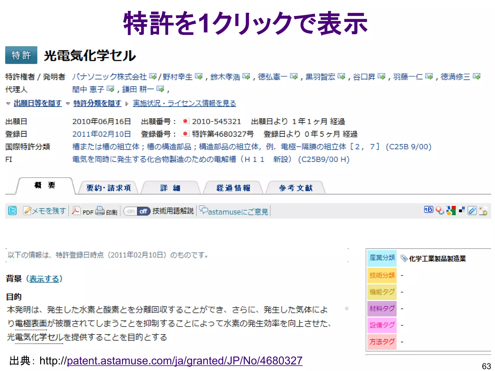特許を1クリックで表示




出典： http://patent.astamuse.com/ja/granted/JP/No/4680327   63
 