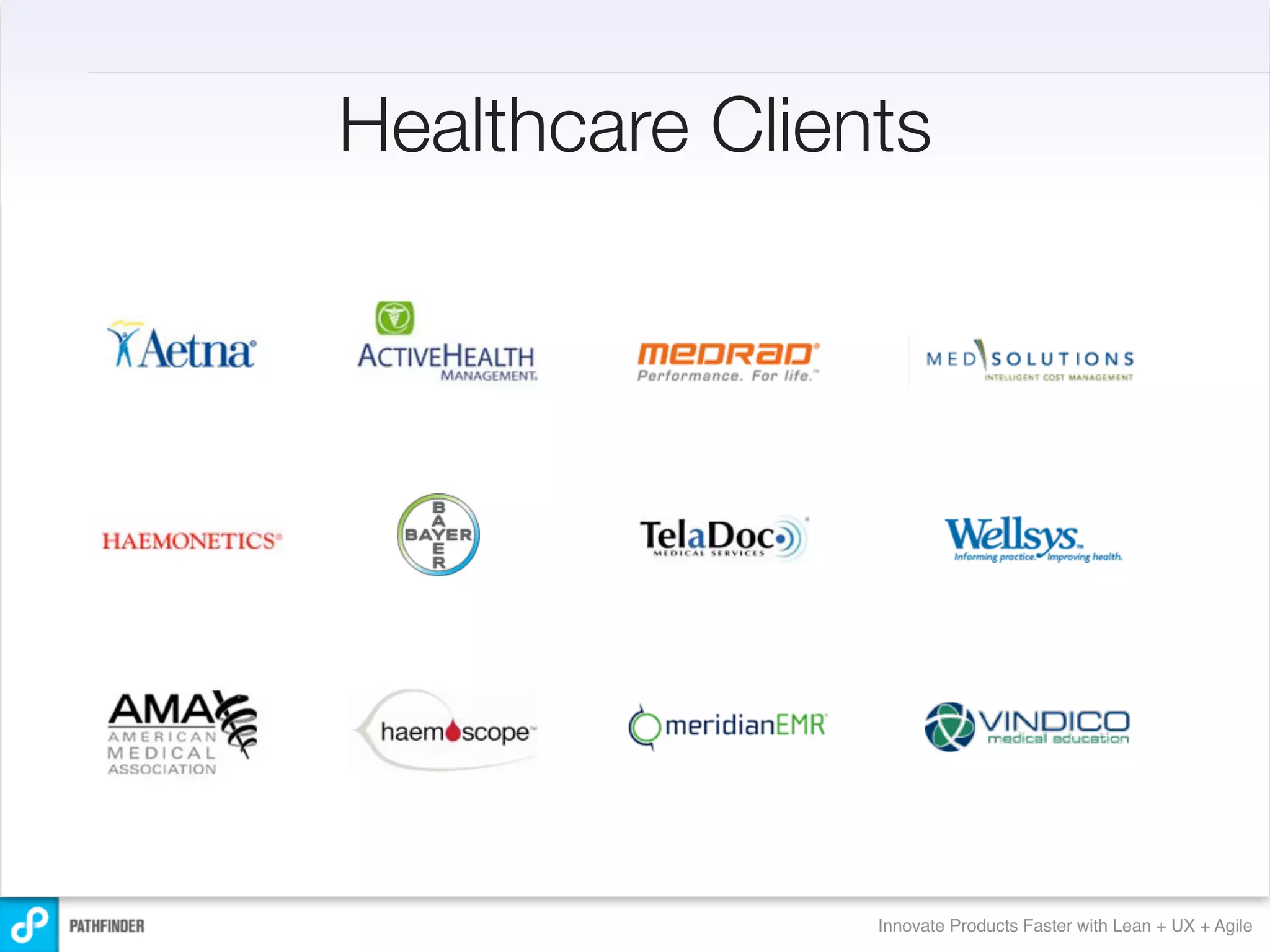 Healthcare Clients




                Innovate Products Faster with Lean + UX + Agile
 