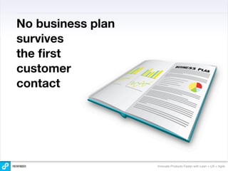 No business plan
survives
the ﬁrst
customer
contact




                   Innovate Products Faster with Lean + UX + Agile
 