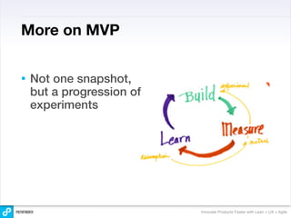 More on MVP


•   Not one snapshot,
    but a progression of
    experiments




                           Innovate Products Faster with Lean + UX + Agile
 