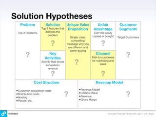 Solution Hypotheses
    Problem            Solution            Unique Value           Unfair              Customer
                    Top 3 features that     Proposition         Advantage             Segments
  Top 3 Problems       address the                              Can’t be easily
                         problem                               copied or bought
                                             Single, clear,                         Target Customers

                            ?                                         ?
                                              compelling
                                           message why you
                                           are different and
                                             worth buying

        ?               Key
                      Activities
                                                                  Channel
                                                               Path to customers             ?
                    Activity that drives
                       acquisition/
                                                ?              for marketing and
                                                                      sales
                          revenue

                            ?                                         ?
              Cost Structure                                      Revenue Model

 •Customer acquisition costs                        •Revenue Model
 •Distribution costs
 •Hosting
                                           ?        •Lifetime Value
                                                    •Revenue                                 ?
 •People, etc.                                      •Gross Margin


                                                                           Innovate Products Faster with Lean + UX + Agile
 