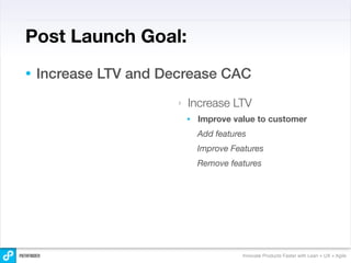Post Launch Goal:
•   Increase LTV and Decrease CAC
                       ‣   Increase LTV
                           •   Improve value to customer
                               Add features
                               Improve Features
                               Remove features




                                          Innovate Products Faster with Lean + UX + Agile
 