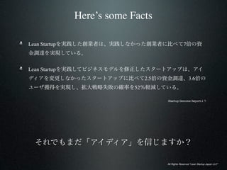 Here’s some Facts

Lean Startup                                        7



Lean Startup
                                 2.5                     3.6
                            52

                                       Startup Genome Report




                                       All Rights Reserved “Lean Startup Japan LLC”
 