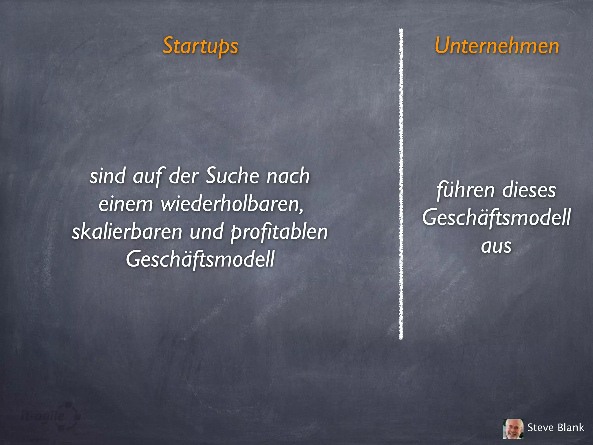 Unternehmen
Steve Blank
Startups
sind auf der Suche nach
einem wiederholbaren,
skalierbaren und proﬁtablen
Geschäftsmodell
führen dieses
Geschäftsmodell
aus
 