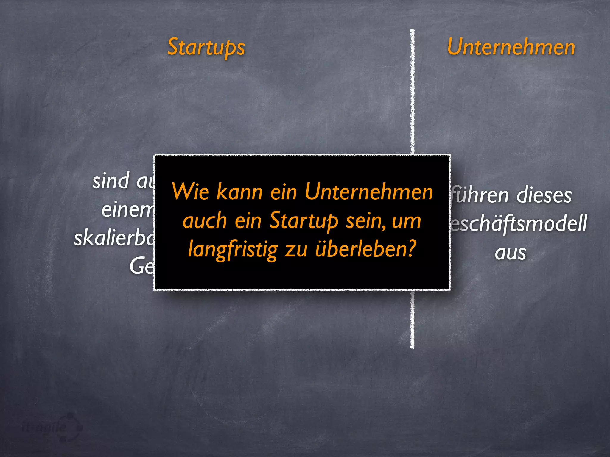 UnternehmenStartups
sind auf der Suche nach
einem wiederholbaren,
skalierbaren und proﬁtablen
Geschäftsmodell
führen dieses
Geschäftsmodell
aus
Wie kann ein Unternehmen
auch ein Startup sein, um
langfristig zu überleben?
 