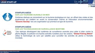 Karim BROURI | Fondateur Brenco E&C
2023 - Septemner
Conférence
LEAN START-UP
21
STARTUPS AXÉES
SUR LES TOURISME DURABLE EN MER
Certaines startups se concentrent sur le tourisme écologique en mer, en offrant des visites et des
expériences qui mettent en avant la conservation marine et l'éducation environnementale.
"Oceanic Society" est une organisation qui promeut ce type de tourisme.
STARTUPS AXÉES
SUR LES TECHNOLOGIES DE SURVEILLANCE MARITIME
Ces startups développent des systèmes de surveillance avancés pour aider à lutter contre la
pêche illégale, la pollution et d'autres activités nuisibles pour les océans. "Global Fishing Watch"
utilise la technologie de suivi par satellite pour surveiller les activités de pêche à l'échelle
mondiale.
 