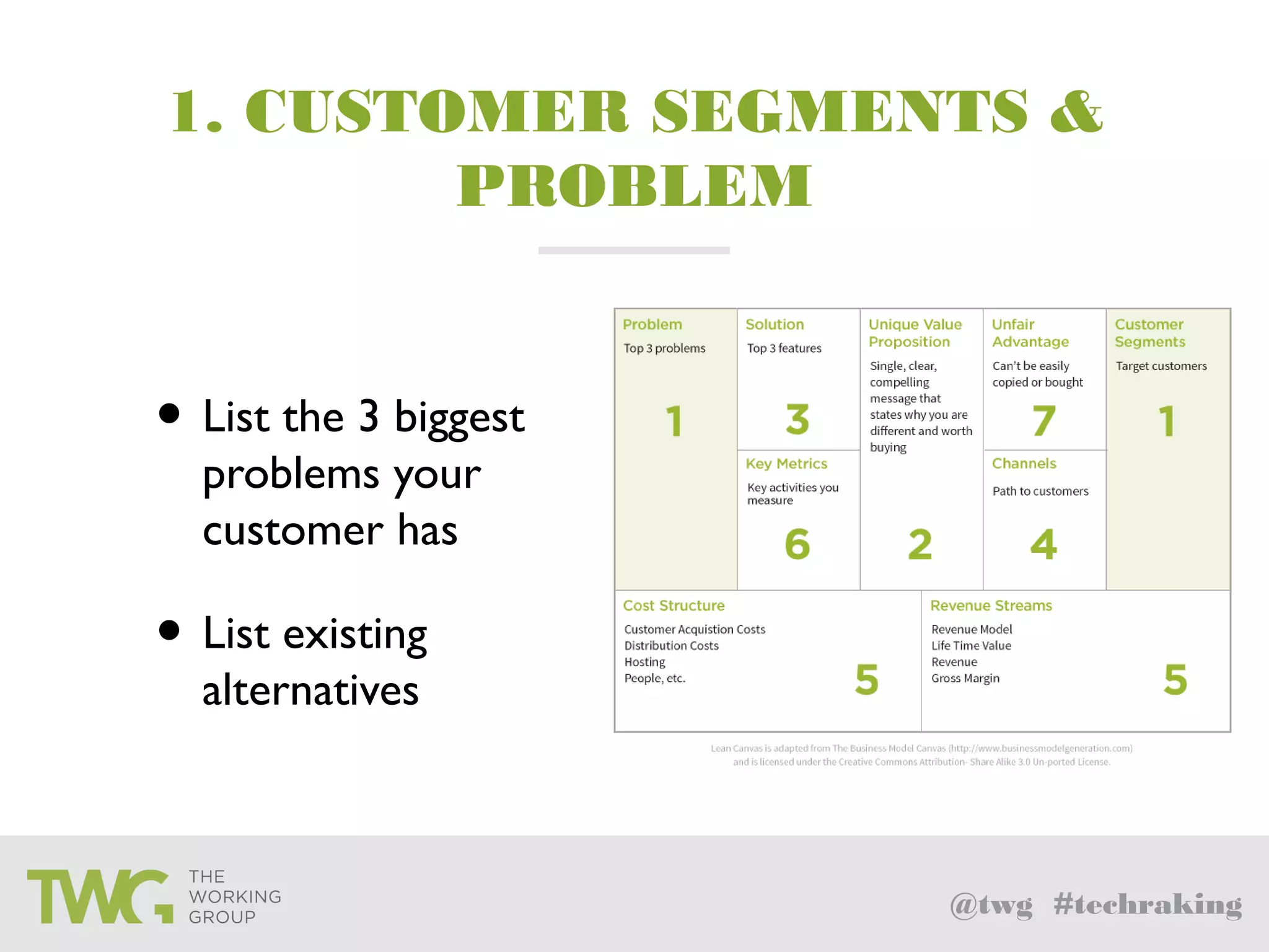 @twg #techraking
1. CUSTOMER SEGMENTS &
PROBLEM
• List the 3 biggest
problems your
customer has
• List existing
alternatives
 