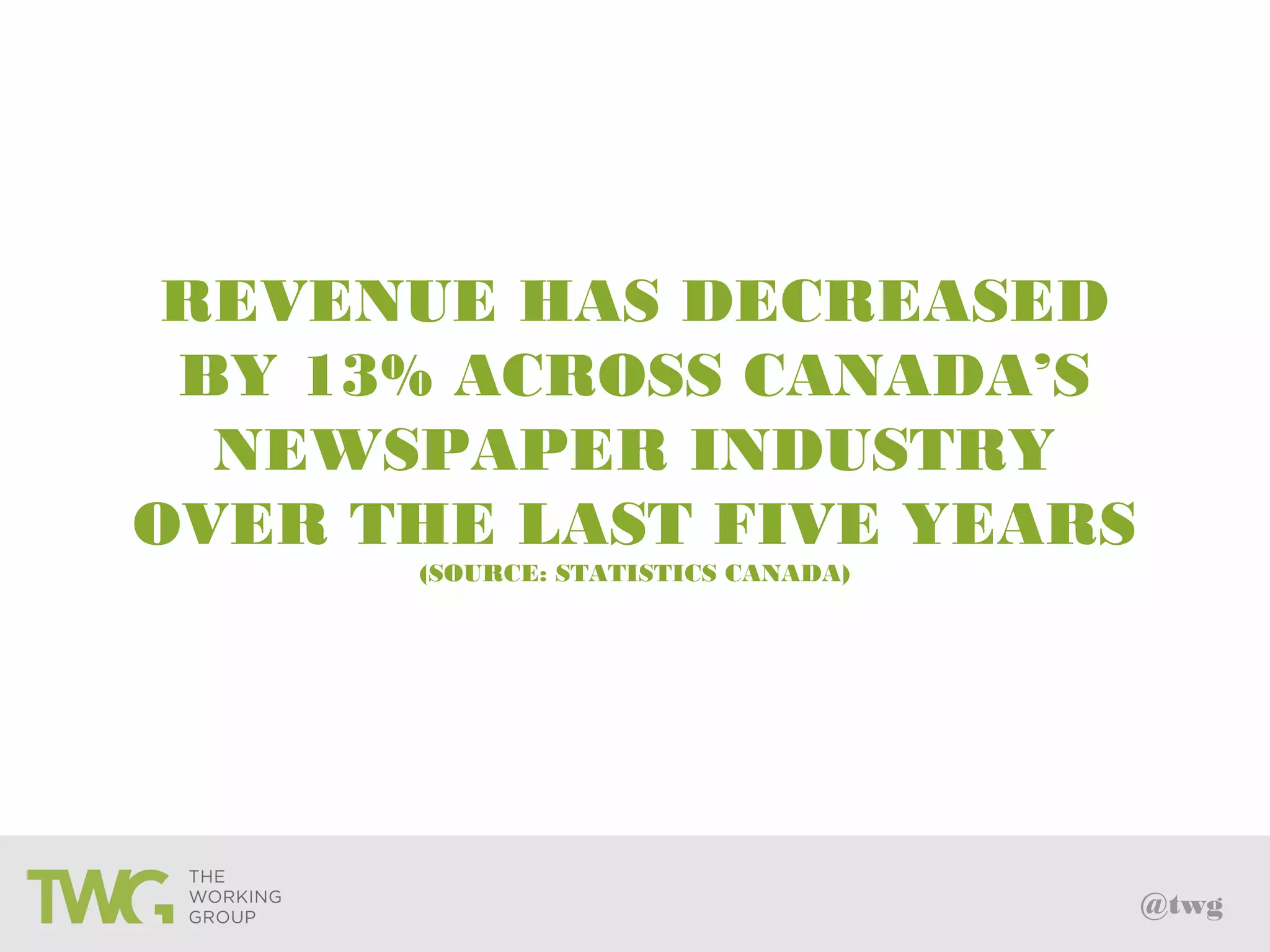 @twg
REVENUE HAS DECREASED
BY 13% ACROSS CANADA’S
NEWSPAPER INDUSTRY
OVER THE LAST FIVE YEARS
(SOURCE: STATISTICS CANADA)
 