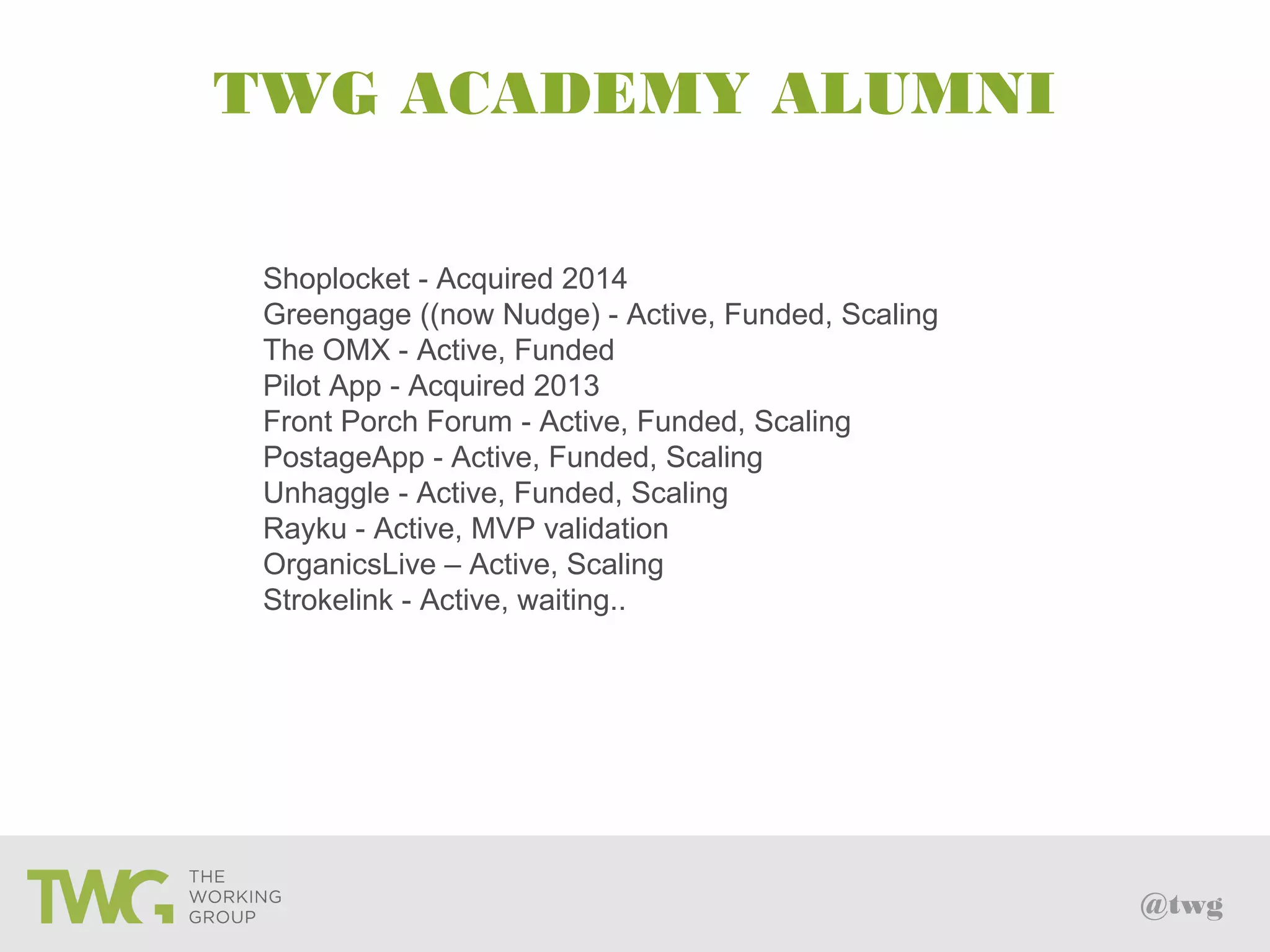 @twg
TWG ACADEMY ALUMNI
Shoplocket - Acquired 2014
Greengage ((now Nudge) - Active, Funded, Scaling
The OMX - Active, Funded
Pilot App - Acquired 2013
Front Porch Forum - Active, Funded, Scaling
PostageApp - Active, Funded, Scaling
Unhaggle - Active, Funded, Scaling
Rayku - Active, MVP validation
OrganicsLive – Active, Scaling
Strokelink - Active, waiting..
 