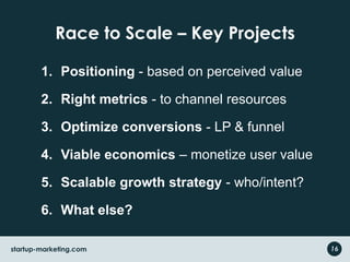 Race to Scale – Key Projects
1. Positioning - based on perceived value
2. Right metrics - to channel resources
3. Optimize conversions - LP & funnel
4. Viable economics – monetize user value
5. Scalable growth strategy - who/intent?
6. What else?
startup-marketing.com 16
 