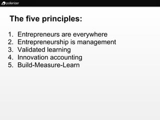 The five principles:
1.   Entrepreneurs are everywhere
2.   Entrepreneurship is management
3.   Validated learning
4.   Innovation accounting
5.   Build-Measure-Learn
 