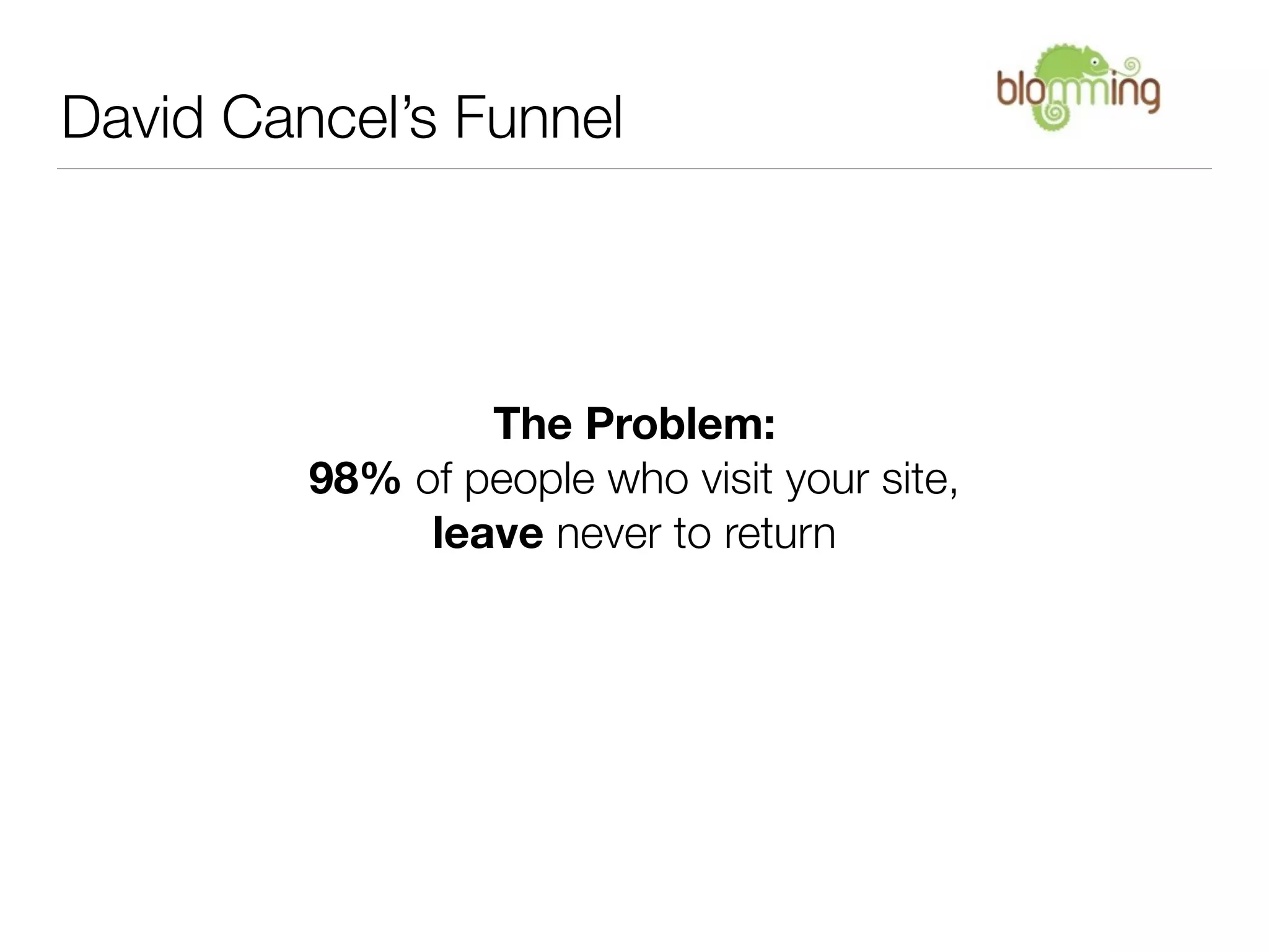 David Cancel’s Funnel




                 The Problem:
         98% of people who visit your site,
              leave never to return
 
