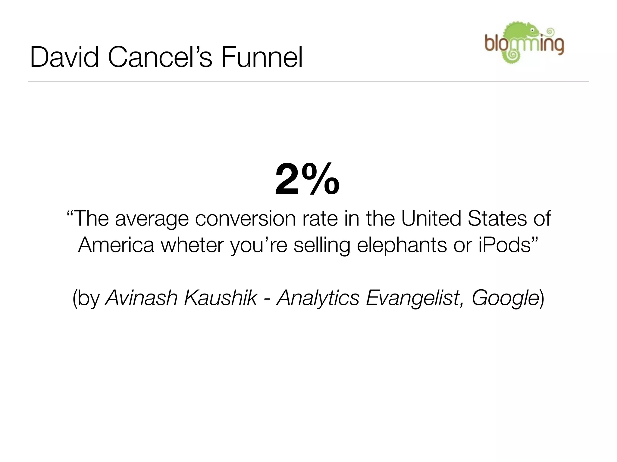 David Cancel’s Funnel



                        2%
  “The average conversion rate in the United States of
   America wheter you’re selling elephants or iPods”

   (by Avinash Kaushik - Analytics Evangelist, Google)
 