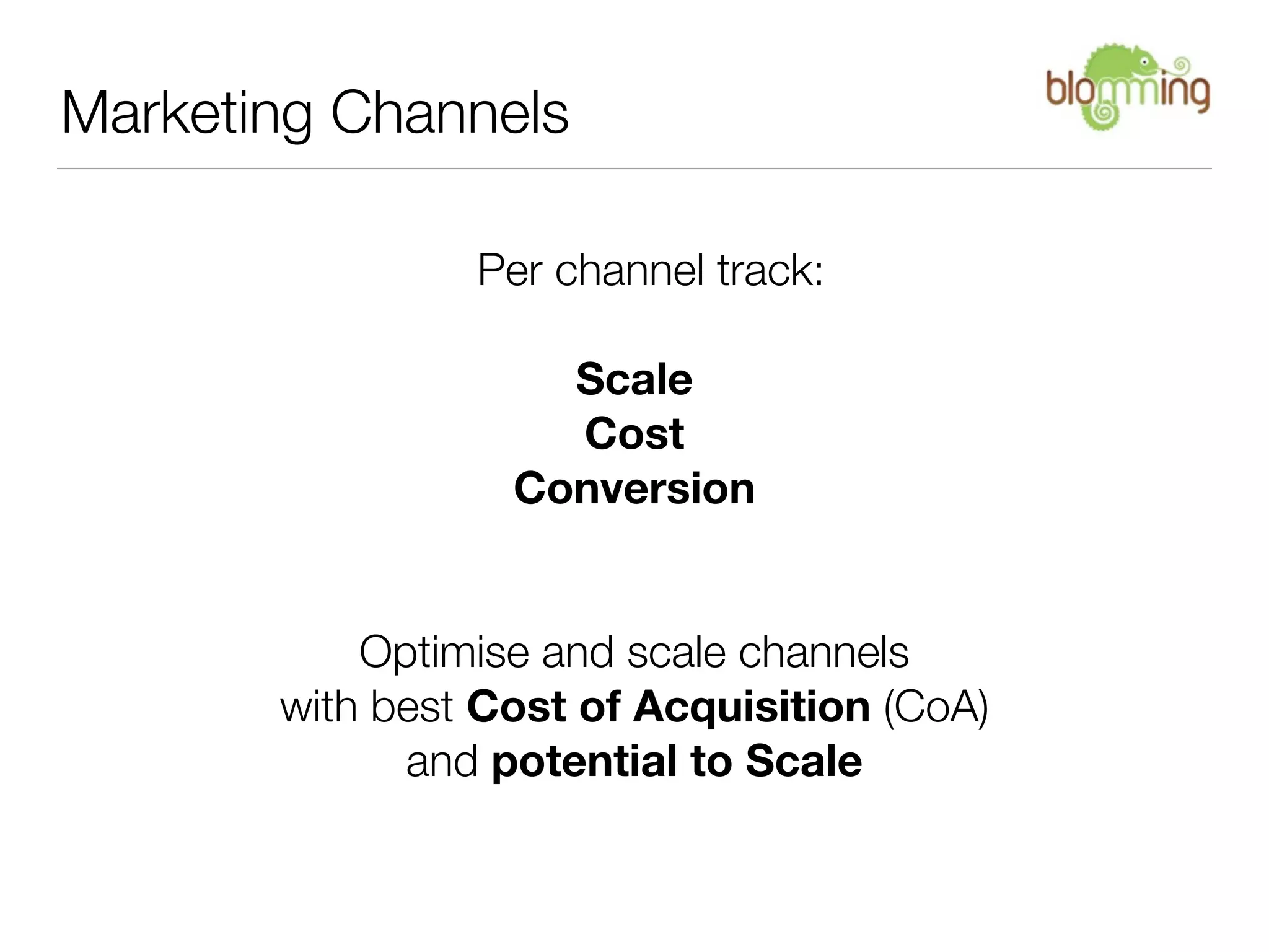 Marketing Channels

                Per channel track:

                    Scale
                    Cost
                  Conversion


           Optimise and scale channels
       with best Cost of Acquisition (CoA)
             and potential to Scale
 