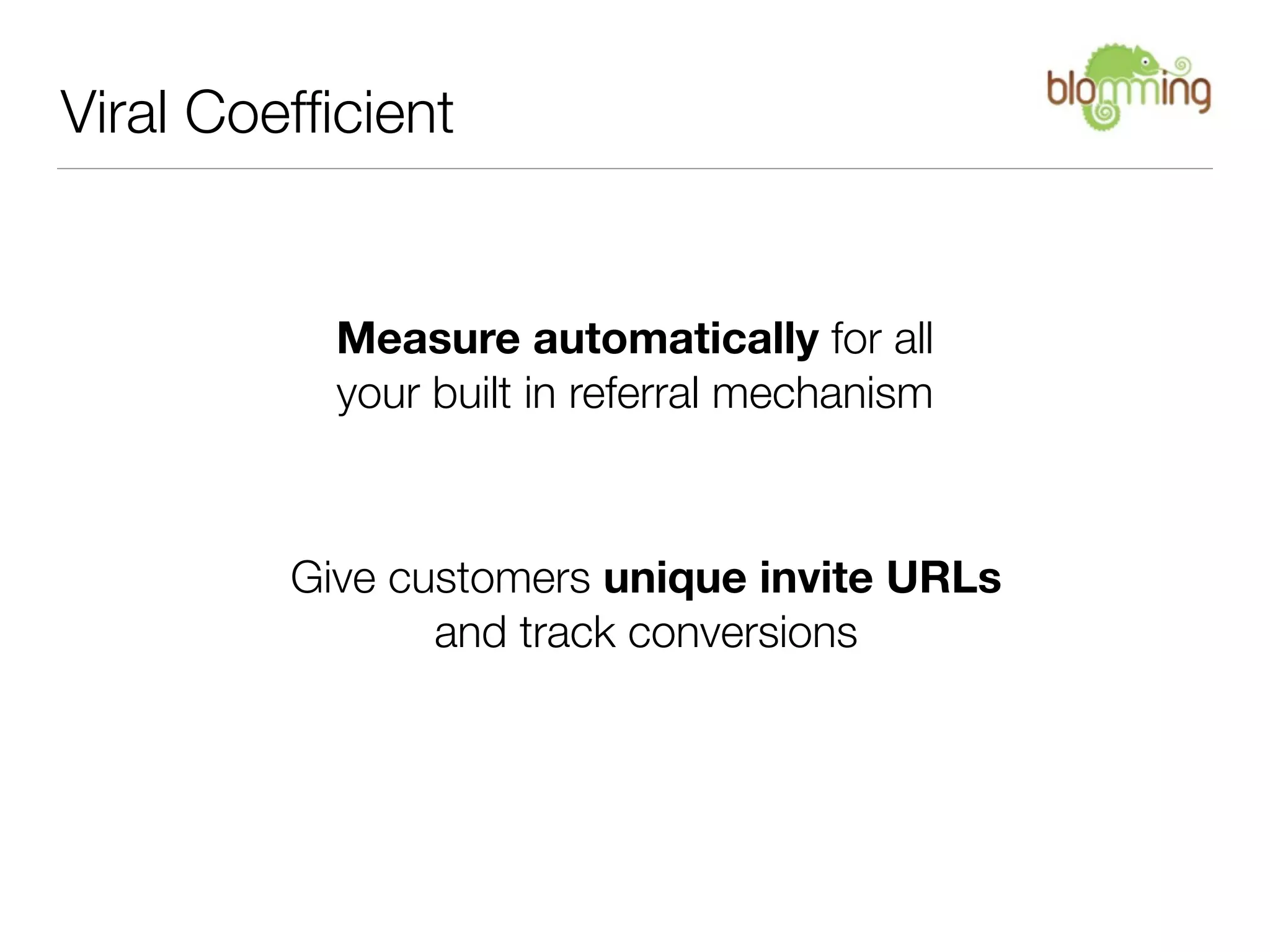 Viral Coefﬁcient


           Measure automatically for all
           your built in referral mechanism



         Give customers unique invite URLs
                and track conversions
 