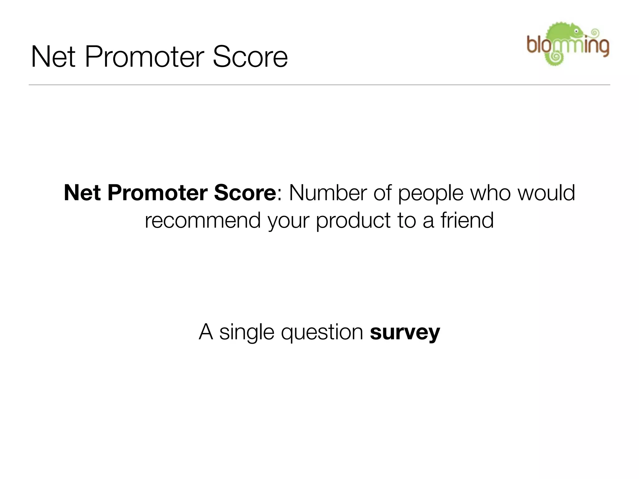 Net Promoter Score



  Net Promoter Score: Number of people who would
         recommend your product to a friend



              A single question survey
 