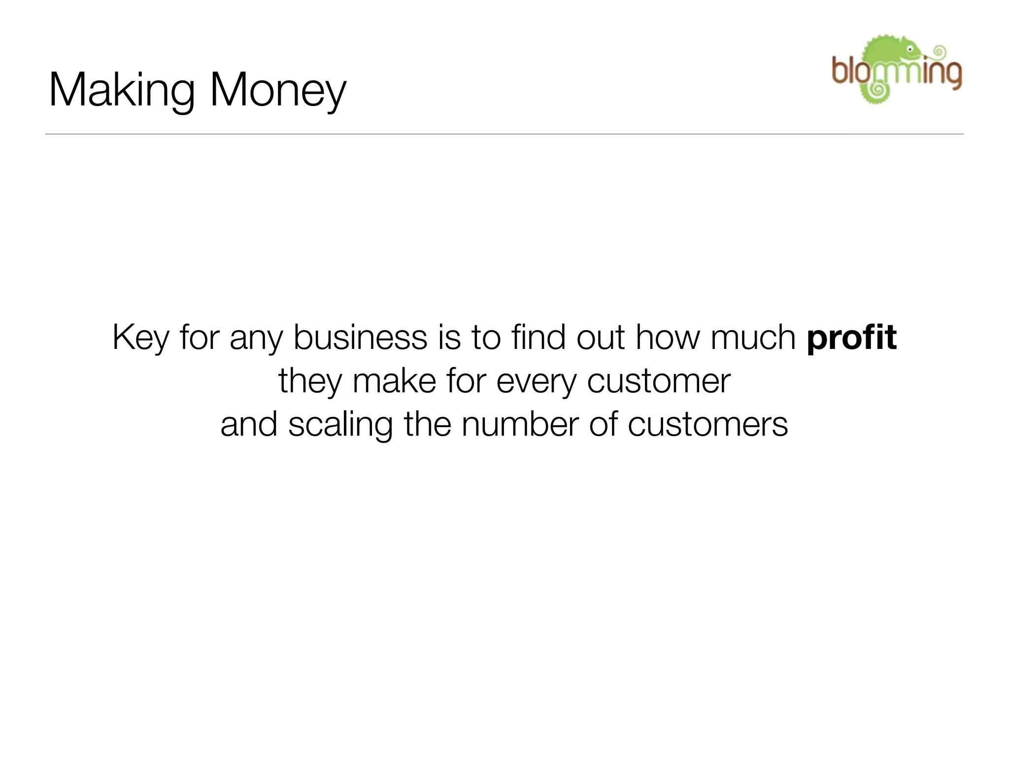 Making Money




  Key for any business is to ﬁnd out how much proﬁt
             they make for every customer
         and scaling the number of customers
 