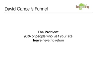 David Cancel’s Funnel




                 The Problem:
         98% of people who visit your site,
              leave never to return
 