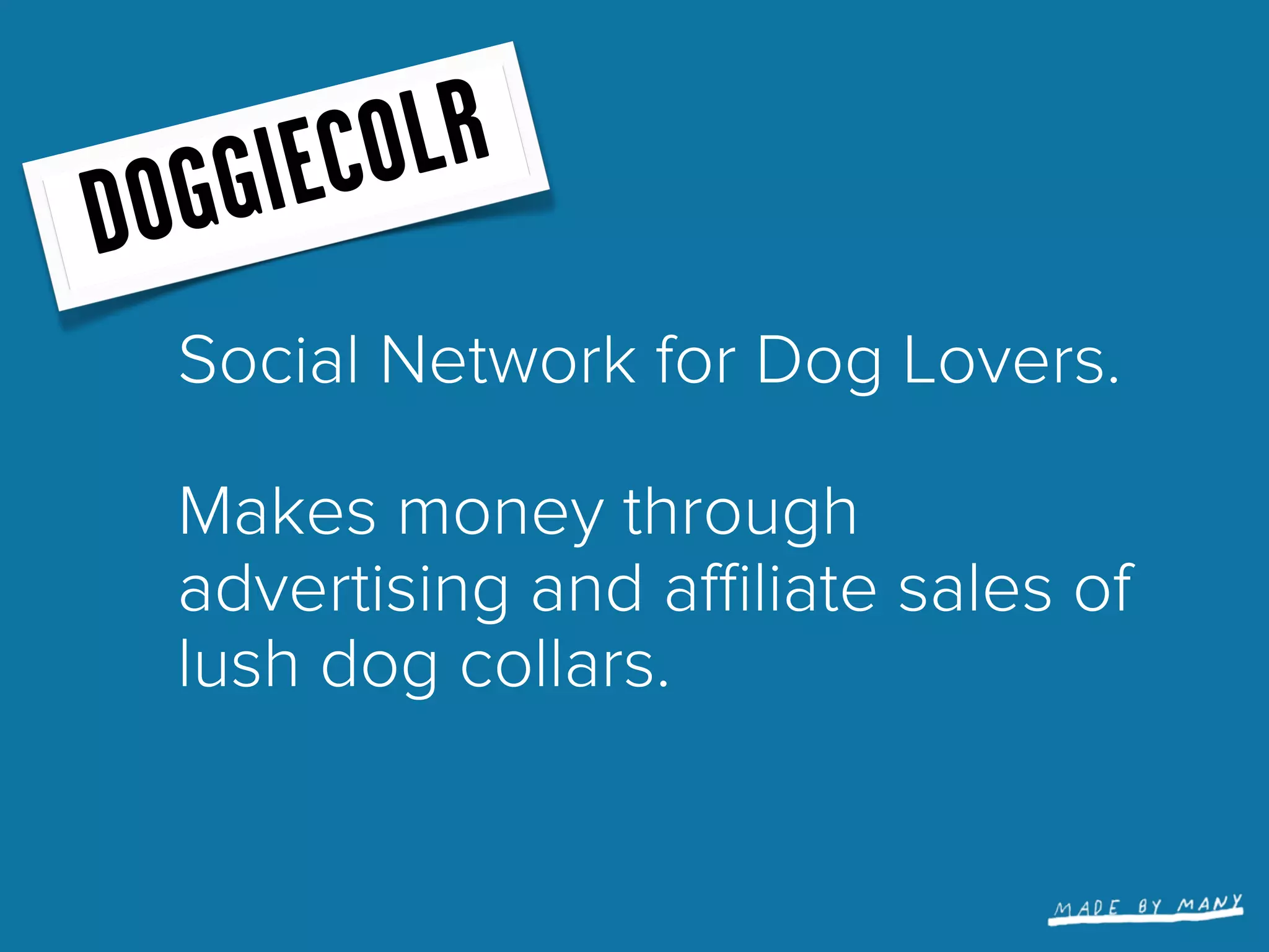 G GIE CO LR
DO
 Social Network for Dog Lovers.

 Makes money through
 advertising and aﬃliate sales of
 lush dog collars.
 