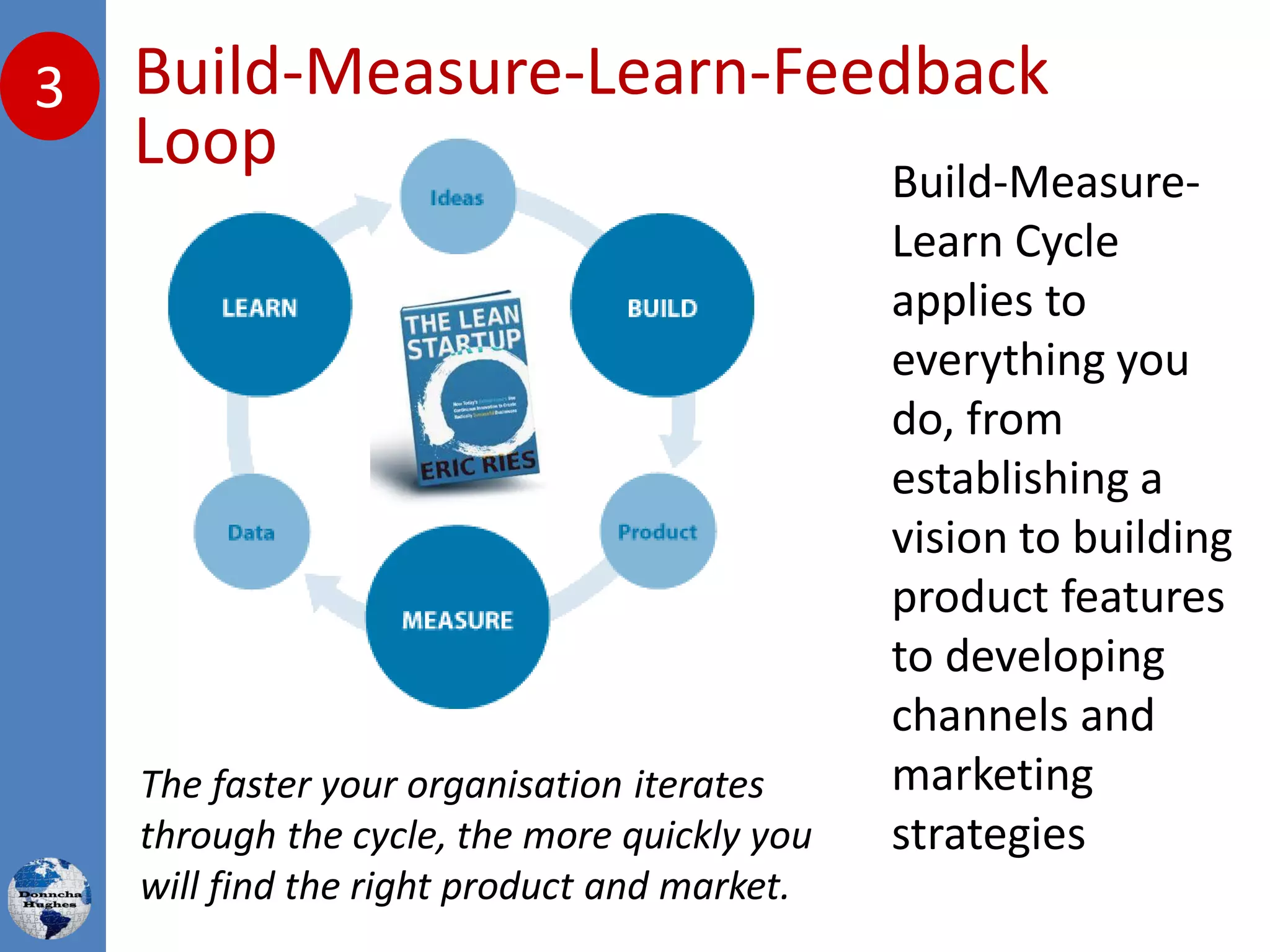 Build-Measure-Learn-Feedback
Loop
3
The faster your organisation iterates
through the cycle, the more quickly you
will find the right product and market.
Build-Measure-
Learn Cycle
applies to
everything you
do, from
establishing a
vision to building
product features
to developing
channels and
marketing
strategies
 