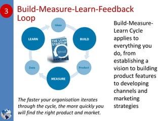 Build-Measure-Learn-Feedback
Loop
3
The faster your organisation iterates
through the cycle, the more quickly you
will find the right product and market.
Build-Measure-
Learn Cycle
applies to
everything you
do, from
establishing a
vision to building
product features
to developing
channels and
marketing
strategies
 
