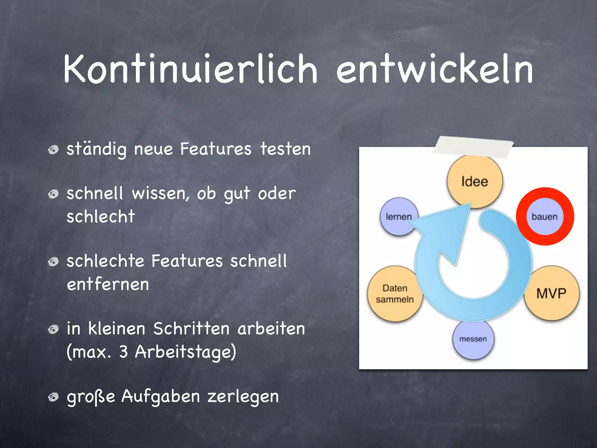 Kontinuierlich entwickeln
ständig neue Features testen

schnell wissen, ob gut oder
schlecht

schlechte Features schnell
entfernen

in kleinen Schritten arbeiten
(max. 3 Arbeitstage)

große Aufgaben zerlegen
 
