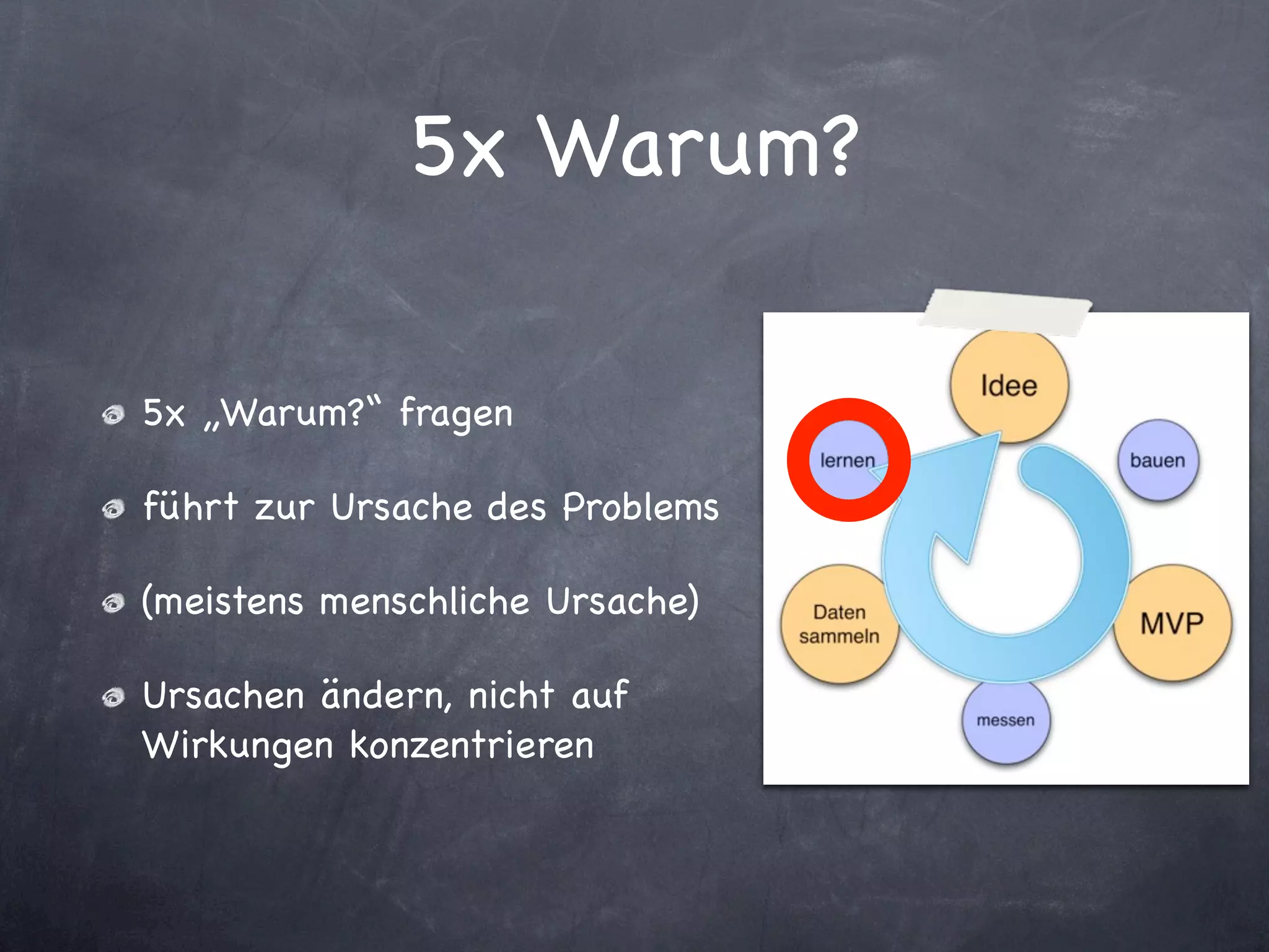 5x Warum?

5x „Warum?“ fragen

führt zur Ursache des Problems

(meistens menschliche Ursache)

Ursachen ändern, nicht auf
Wirkungen konzentrieren
 