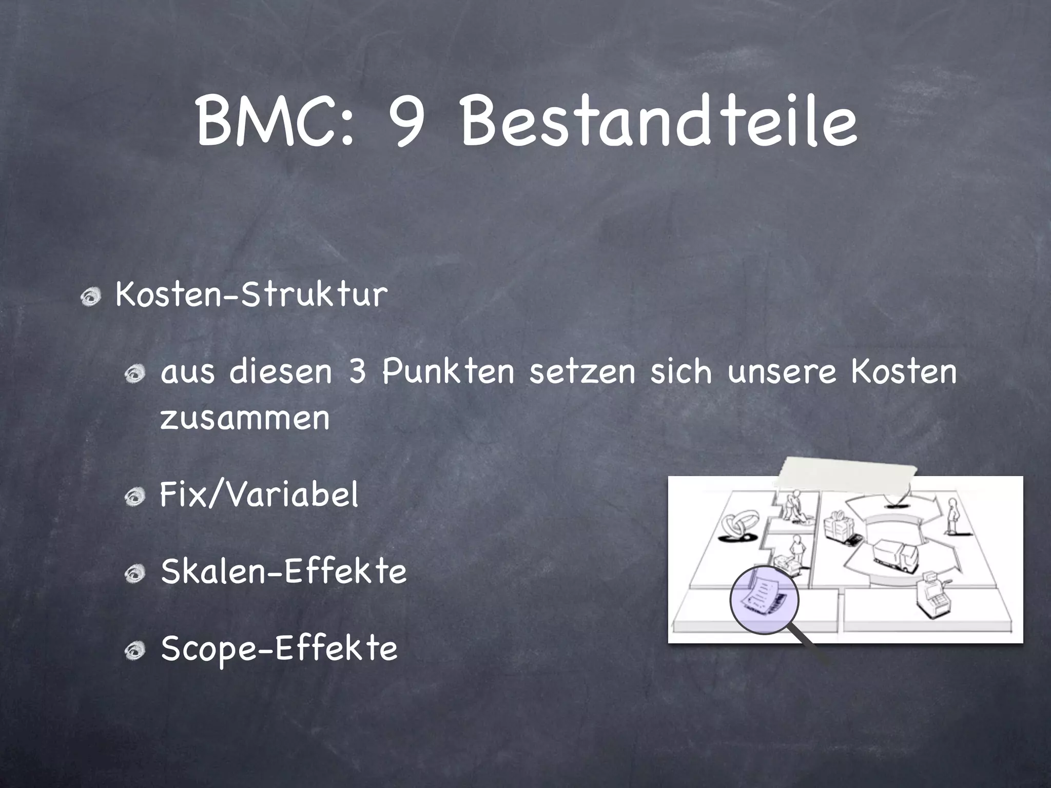 BMC: 9 Bestandteile

Kosten-Struktur

  aus diesen 3 Punkten setzen sich unsere Kosten
  zusammen

  Fix/Variabel

  Skalen-Effekte

  Scope-Effekte
 