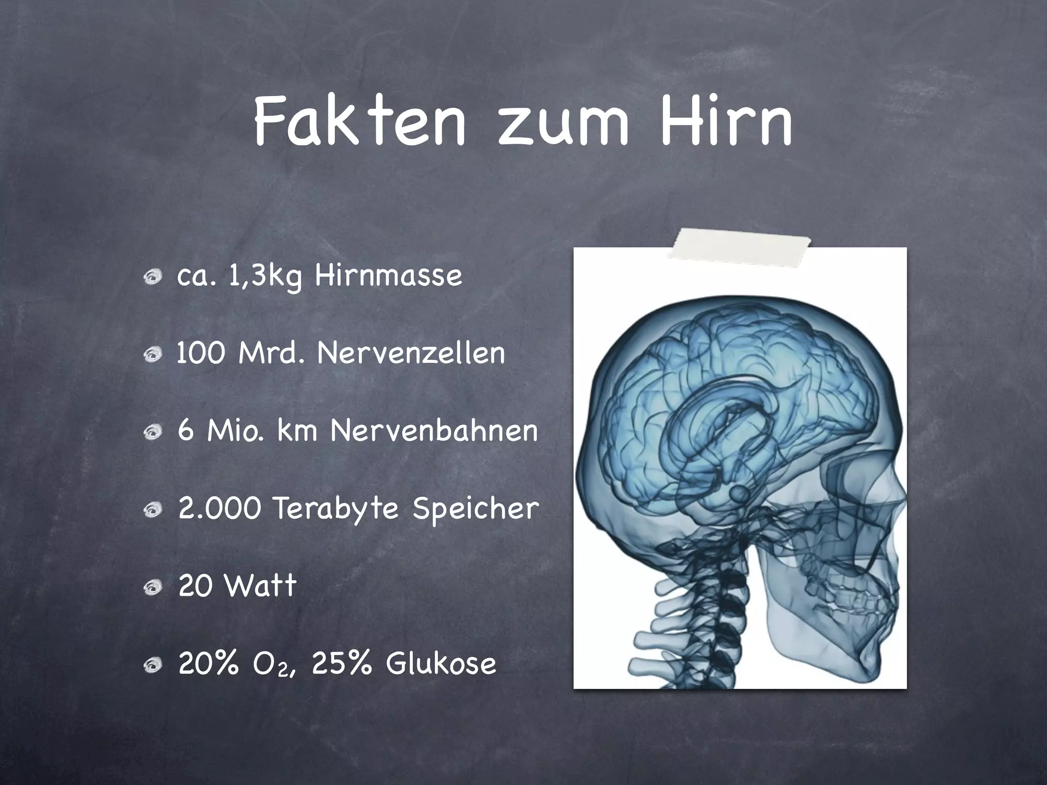 Fakten zum Hirn
ca. 1,3kg Hirnmasse

100 Mrd. Nervenzellen

6 Mio. km Nervenbahnen

2.000 Terabyte Speicher

20 Watt

20% O2, 25% Glukose
 