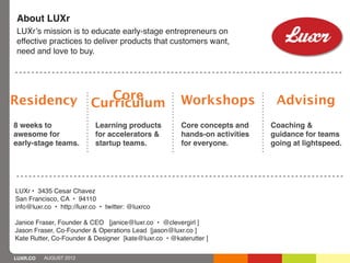 About LUXr
LUXr’s mission is to educate early-stage entrepreneurs on
effective practices to deliver products that customers want,
need and love to buy.




Residency                    Core                     Workshops               Advising
                          Curriculum
8 weeks to                  Learning products          Core concepts and     Coaching &
awesome for                 for accelerators &         hands-on activities   guidance for teams
early-stage teams.          startup teams.             for everyone.         going at lightspeed.




LUXr • 3435 Cesar Chavez
San Francisco, CA • 94110
info@luxr.co • http://luxr.co • twitter: @luxrco

Janice Fraser, Founder & CEO [janice@luxr.co • @clevergirl ]
Jason Fraser, Co-Founder & Operations Lead [jason@luxr.co ]
Kate Rutter, Co-Founder & Designer [kate@luxr.co • @katerutter ]


LUXR.CO   AUGUST 2012
 