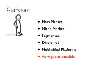 • Mass Market
• Niche Market
• Segmented
• Diversiﬁed
• Multi-sided Platforms
• As vague as possible
 
