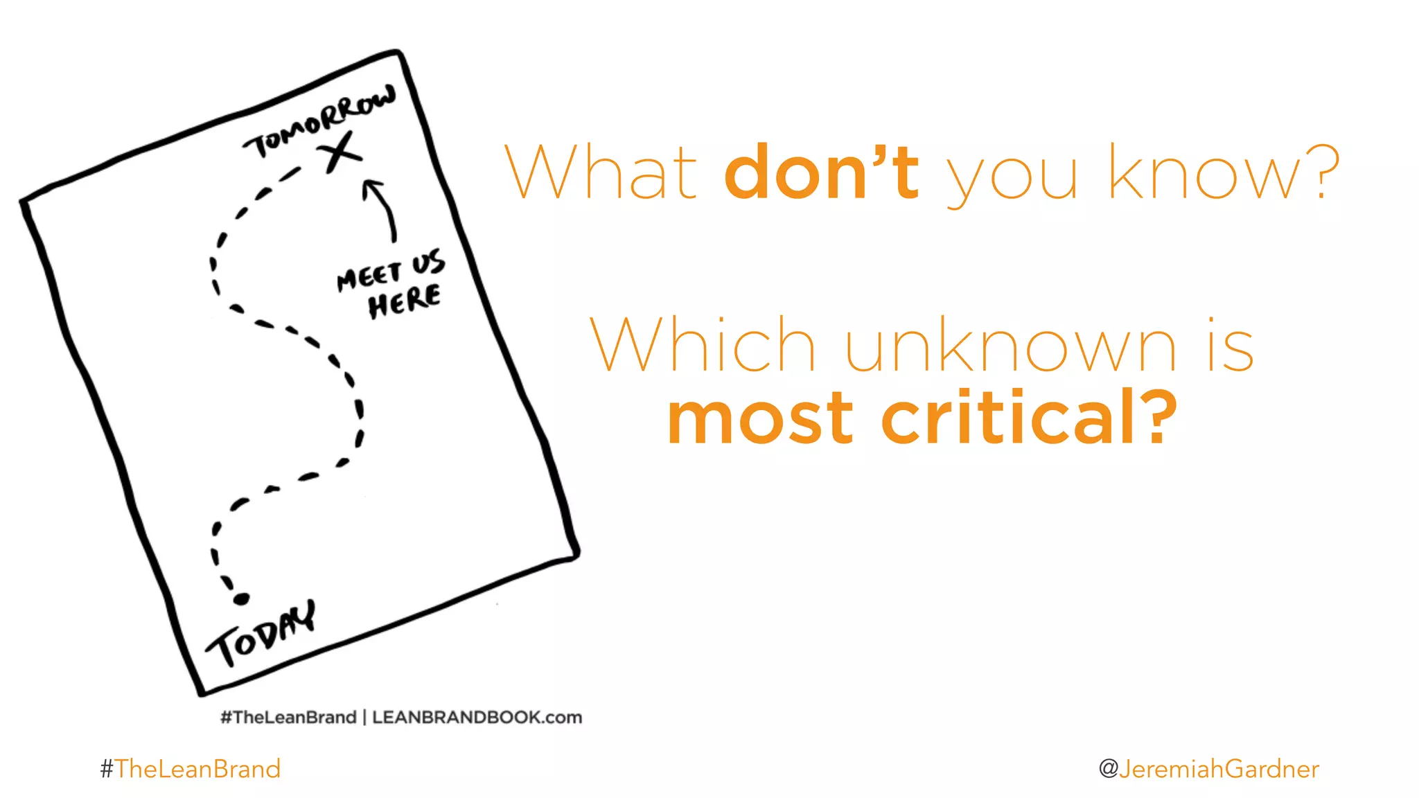 What don’t you know?
Which unknown is
most critical?
t#TheLeanBrand @JeremiahGardner
 