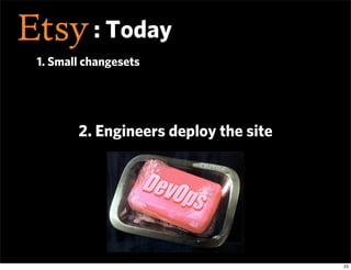: Today
1. Small changesets




       2. Engineers deploy the site




                                      23
 