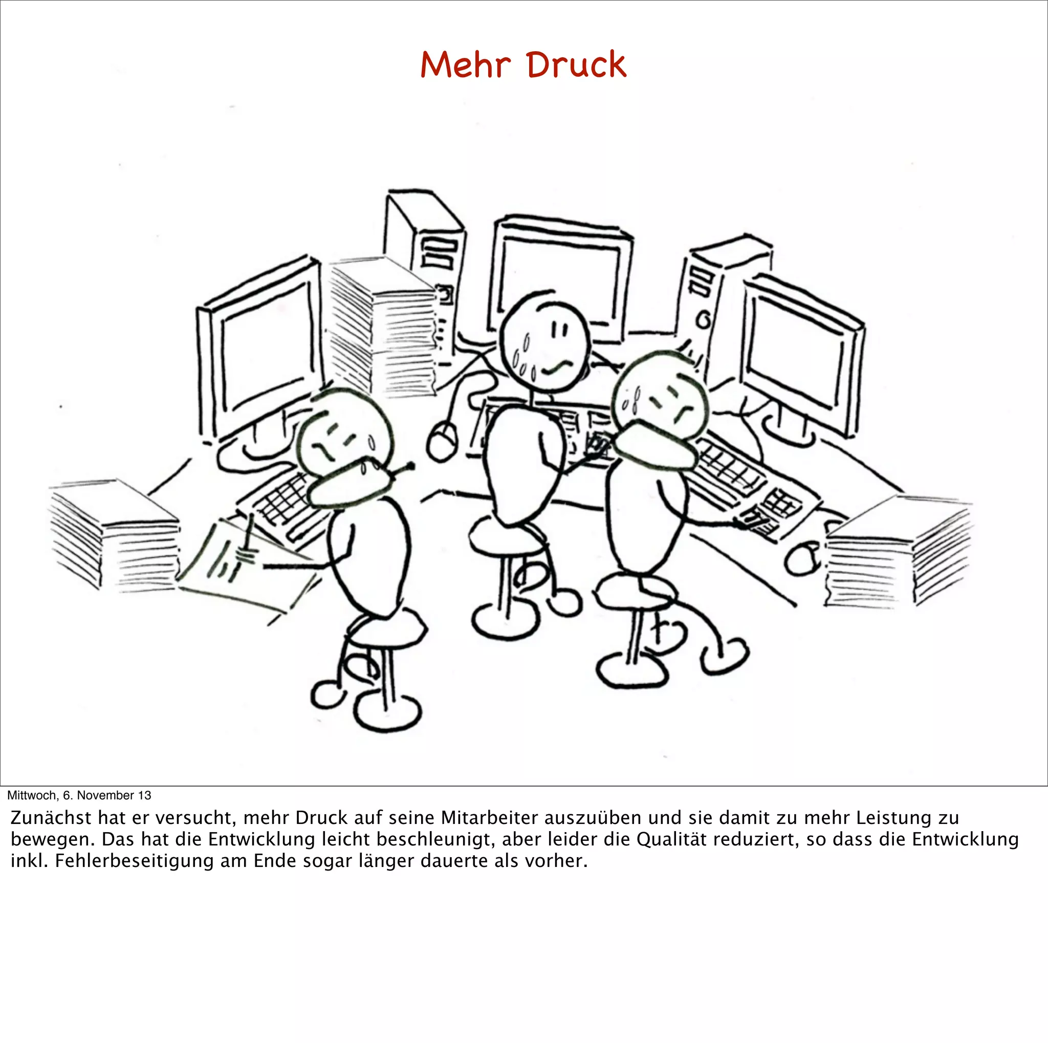 Mehr Druck

Mittwoch, 6. November 13

Zunächst hat er versucht, mehr Druck auf seine Mitarbeiter auszuüben und sie damit zu mehr Leistung zu
bewegen. Das hat die Entwicklung leicht beschleunigt, aber leider die Qualität reduziert, so dass die Entwicklung
inkl. Fehlerbeseitigung am Ende sogar länger dauerte als vorher.

 