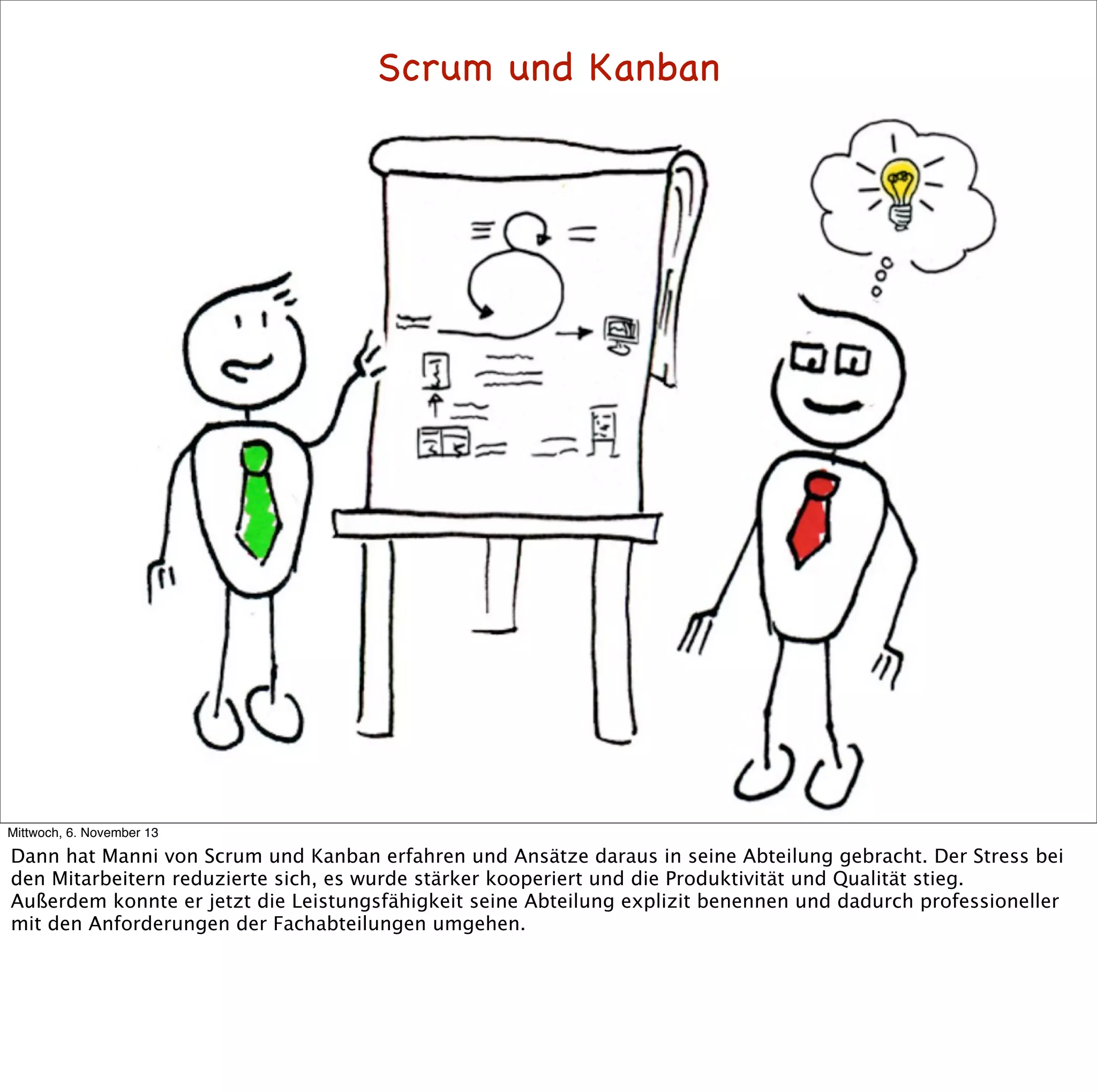 Scrum und Kanban

Mittwoch, 6. November 13

Dann hat Manni von Scrum und Kanban erfahren und Ansätze daraus in seine Abteilung gebracht. Der Stress bei
den Mitarbeitern reduzierte sich, es wurde stärker kooperiert und die Produktivität und Qualität stieg.
Außerdem konnte er jetzt die Leistungsfähigkeit seine Abteilung explizit benennen und dadurch professioneller
mit den Anforderungen der Fachabteilungen umgehen.

 