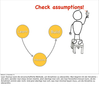 Check assumptions!

Build

Learn

Measure

Mittwoch, 6. November 13

Lean-Startup nutzt die wissenschaftliche Methode, um Annahmen zu überprüfen. Man beginnt mit der Annahme also dem, worüber man etwas lernen möchte. Jetzt überlegt man sich, wie man feststellen/messen kann, ob die
Annahmen stimmt oder nicht. Und jetzt überlegt man sich, was man minimal bauen muss, um die Annahme zu
überprüfen.

 