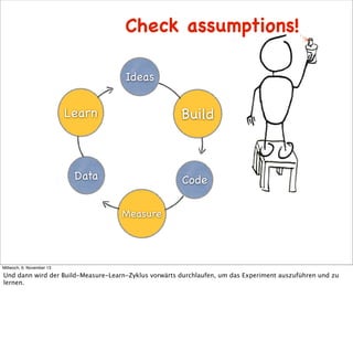 Check assumptions!
Ideas

Build

Learn

Data

Code
Measure

Mittwoch, 6. November 13

Und dann wird der Build-Measure-Learn-Zyklus vorwärts durchlaufen, um das Experiment auszuführen und zu
lernen.

 