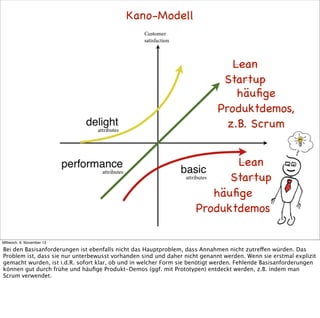 Kano-Modell

Lean
Startup
häuﬁge
Produktdemos,
z.B. Scrum
Lean
Startup
häuﬁge
Produktdemos
Mittwoch, 6. November 13

Bei den Basisanforderungen ist ebenfalls nicht das Hauptproblem, dass Annahmen nicht zutreffen würden. Das
Problem ist, dass sie nur unterbewusst vorhanden sind und daher nicht genannt werden. Wenn sie erstmal explizit
gemacht wurden, ist i.d.R. sofort klar, ob und in welcher Form sie benötigt werden. Fehlende Basisanforderungen
können gut durch frühe und häuﬁge Produkt-Demos (ggf. mit Prototypen) entdeckt werden, z.B. indem man
Scrum verwendet.

 