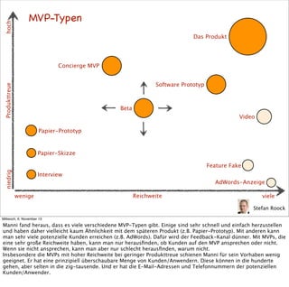 hoch

MVP-Typen
Das Produkt

Concierge MVP

Produkttreue

Software Prototyp

Beta
Video
Papier-Prototyp

Papier-Skizze

niedrig

Feature Fake
Interview
AdWords-Anzeige
wenige

Reichweite

viele
Stefan Roock

Mittwoch, 6. November 13

Manni fand heraus, dass es viele verschiedene MVP-Typen gibt. Einige sind sehr schnell und einfach herzustellen
und haben daher vielleicht kaum Ähnlichkeit mit dem späteren Produkt (z.B. Papier-Prototyp). Mit anderen kann
man sehr viele potenzielle Kunden erreichen (z.B. AdWords). Dafür wird der Feedback-Kanal dünner. Mit MVPs, die
eine sehr große Reichweite haben, kann man nur herausﬁnden, ob Kunden auf den MVP ansprechen oder nicht.
Wenn sie nicht ansprechen, kann man aber nur schlecht herausﬁnden, warum nicht.
Insbesondere die MVPs mit hoher Reichweite bei geringer Produkttreue schienen Manni für sein Vorhaben wenig
geeignet. Er hat eine prinzipiell überschaubare Menge von Kunden/Anwendern. Diese können in die hunderte
gehen, aber selten in die zig-tausende. Und er hat die E-Mail-Adressen und Telefonnummern der potenziellen
Kunden/Anwender.

 