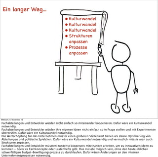Ein langer Weg...
• Kulturwandel
• Kulturwandel
• Kulturwandel
• Strukturen
anpassen
• Prozesse
anpassen

Mittwoch, 6. November 13

Fachabteilungen und Entwickler würden nicht einfach so miteinander kooperieren. Dafür wäre ein Kulturwandel
notwendig.
Fachabteilungen und Entwickler würden ihre eigenen Ideen nicht einfach so in Frage stellen und mit Experimenten
überprüfen. Dafür wäre ein Kulturwandel notwendig.
Die Wertschöpfung für das Unternehmen müsste einen größeren Stellenwert haben als lokale Optimierung von
Abteilungen und politische Spielchen. Dafür wäre ein Kulturwandel notwendig und vermutlich müsste man auch
Strukturen anpassen.
Fachabteilungen und Entwickler müssten zunächst kooperativ miteinander arbeiten, um zu innovativen Ideen zu
kommen - bevor es Fachkonzepte oder Lastenhefte gibt. Das müsste möglich sein, ohne den heute üblichen
schwerfälligen Budget-Bewilligungsprozess zu durchlaufen. Dafür wären Änderungen an den internen
Unternehmensprozessen notwendig.

 