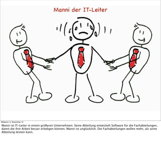 Manni der IT-Leiter

Mittwoch, 6. November 13

Manni ist IT-Leiter in einem größeren Unternehmen. Seine Abteilung entwickelt Software für die Fachabteilungen,
damit die ihre Arbeit besser erledigen können. Manni ist unglücklich. Die Fachabteilungen wollen mehr, als seine
Abteilung leisten kann.

 