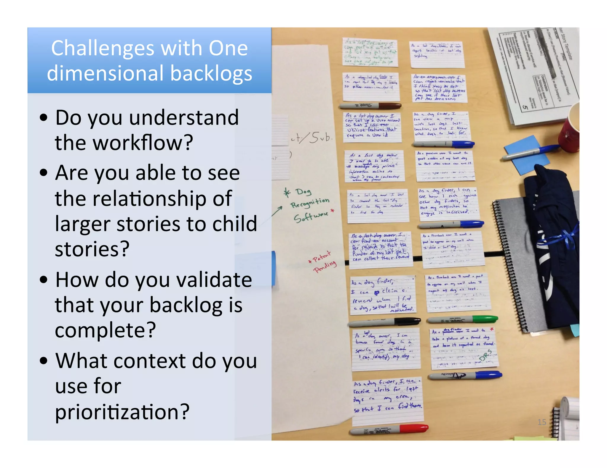 Challenges	
  with	
  One	
  
dimensional	
  backlogs	
  
• Do	
  you	
  understand	
  
the	
  workﬂow?	
  
• Are	
  you	
  able	
  to	
  see	
  
the	
  relaPonship	
  of	
  
larger	
  stories	
  to	
  child	
  
stories?	
  
• How	
  do	
  you	
  validate	
  
that	
  your	
  backlog	
  is	
  
complete?	
  
• What	
  context	
  do	
  you	
  
use	
  for	
  
prioriPzaPon?	
  

15	
  

 