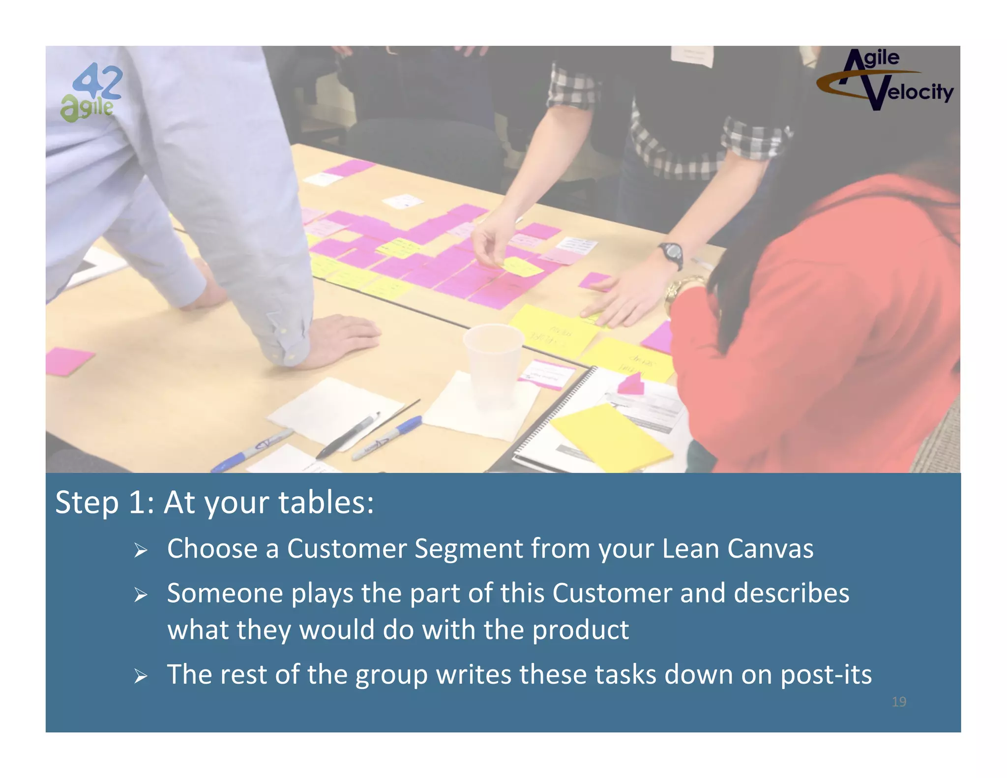 Step	
  1:	
  At	
  your	
  tables:	
  
Ø 
Ø 

Ø 

Choose	
  a	
  Customer	
  Segment	
  from	
  your	
  Lean	
  Canvas	
  
Someone	
  plays	
  the	
  part	
  of	
  this	
  Customer	
  and	
  describes	
  
what	
  they	
  would	
  do	
  with	
  the	
  product	
  
The	
  rest	
  of	
  the	
  group	
  writes	
  these	
  tasks	
  down	
  on	
  post-­‐its	
  
19	
  

 