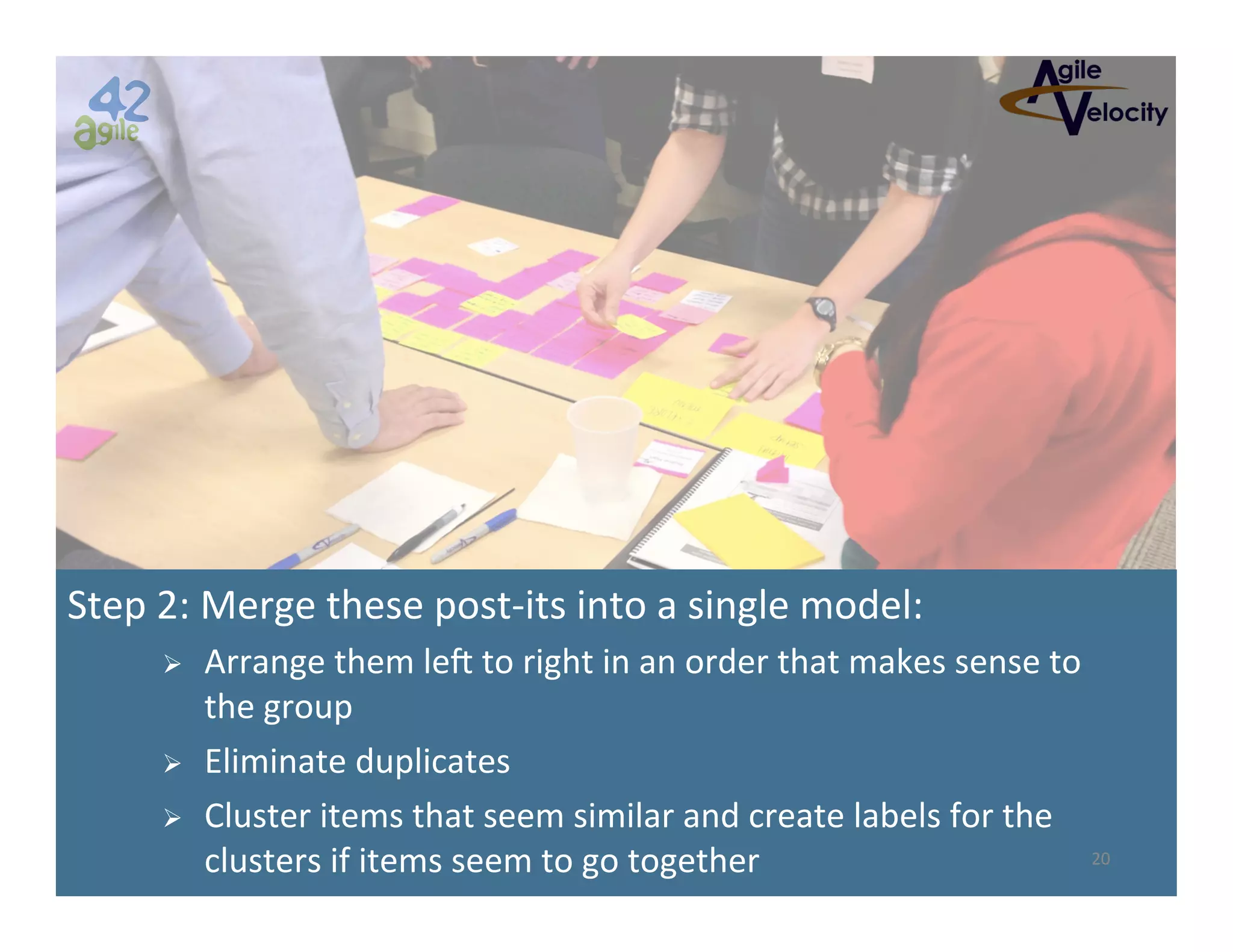 Step	
  2:	
  Merge	
  these	
  post-­‐its	
  into	
  a	
  single	
  model:	
  
Ø 

Ø 
Ø 

Arrange	
  them	
  leR	
  to	
  right	
  in	
  an	
  order	
  that	
  makes	
  sense	
  to	
  
the	
  group	
  
Eliminate	
  duplicates	
  
Cluster	
  items	
  that	
  seem	
  similar	
  and	
  create	
  labels	
  for	
  the	
  
20	
  
clusters	
  if	
  items	
  seem	
  to	
  go	
  together	
  

 