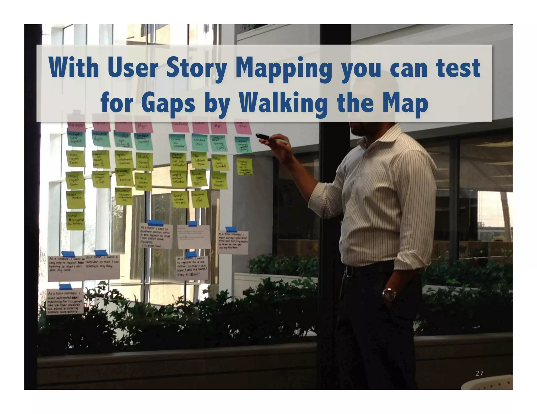 With User Story Mapping you can test
for Gaps by Walking the Map

27	
  

 