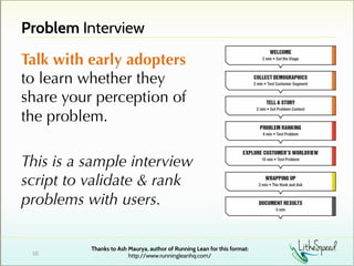 Problem Interview
Talk with early adopters
to learn whether they
share your perception of
the problem.
This is a sample in...