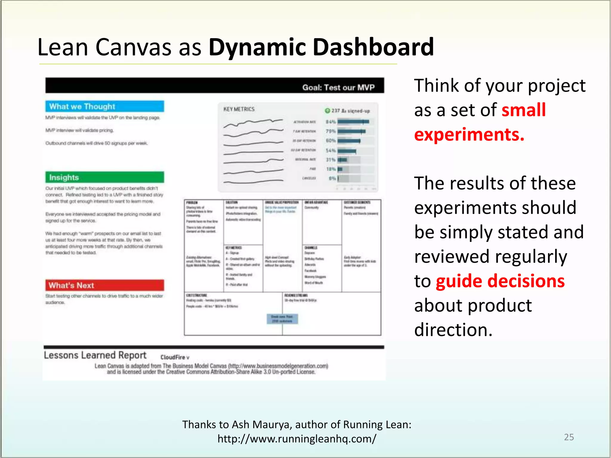 Lean Canvas as Dynamic Dashboard
25
Think of your project
as a set of small
experiments.
The results of these
experiments should
be simply stated and
reviewed regularly
to guide decisions
about product
direction.
Thanks to Ash Maurya, author of Running Lean:
http://www.runningleanhq.com/
 